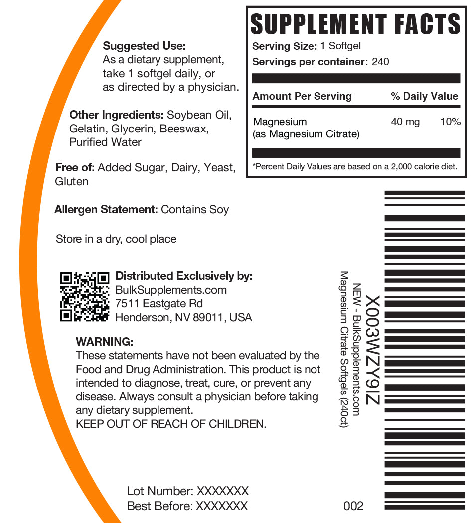 Magnesium Citrate 240 ct softgels label