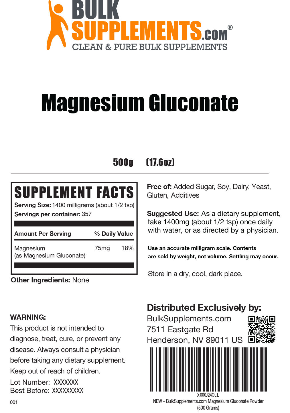 Magnesium Gluconate powder label 500g