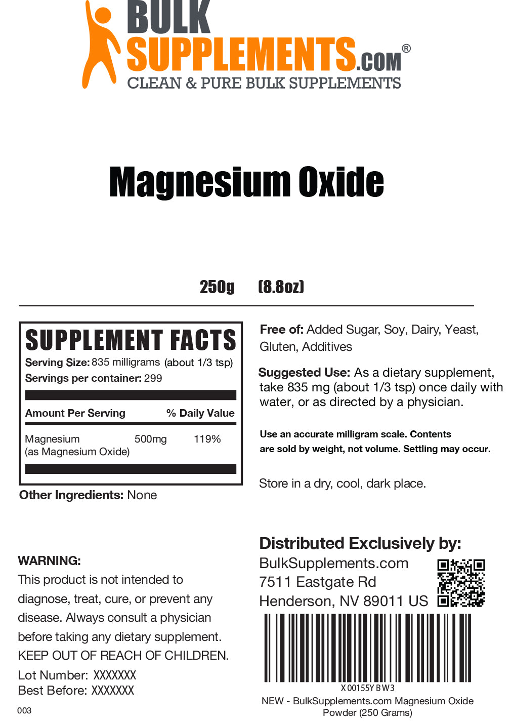 Magnesium Oxide powder label 250g