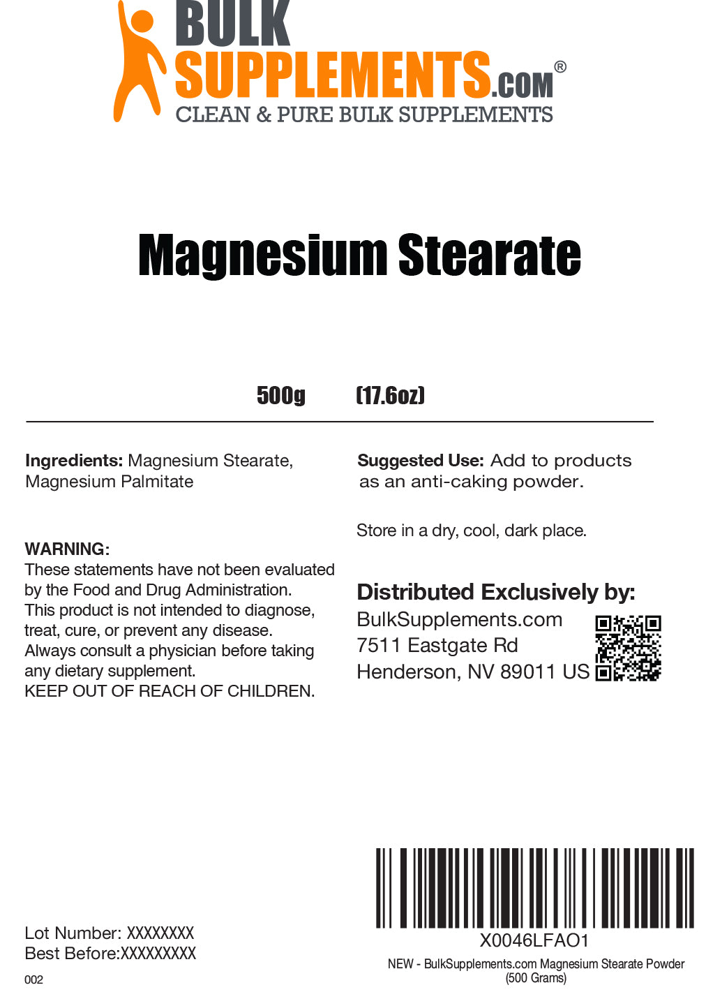 Magnesium Stearate powder label 500g