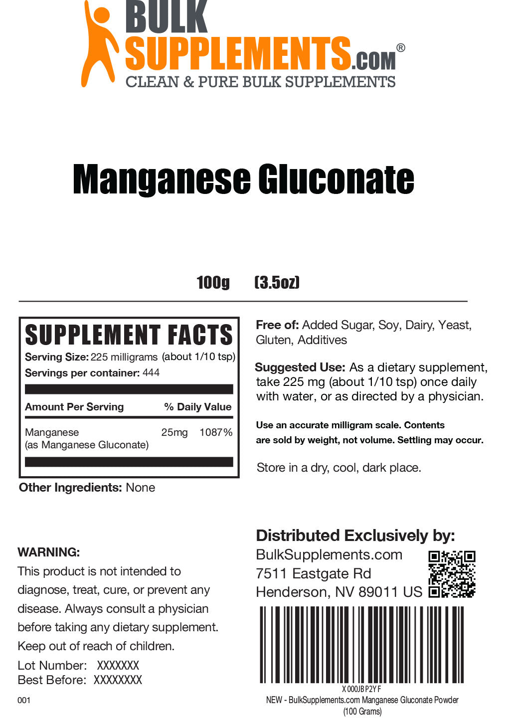 Manganese Gluconate powder label 100g