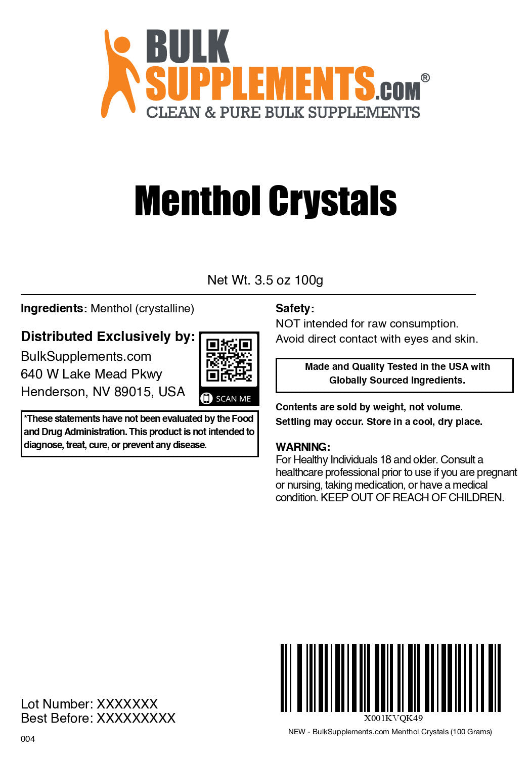 Menthol crystals label 100g