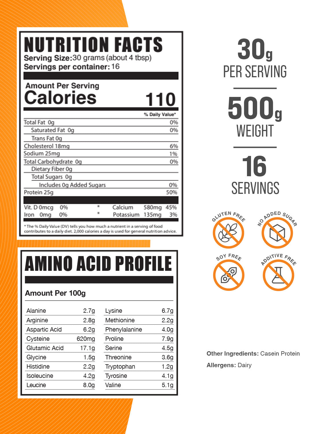 Casein protein powder label 500g