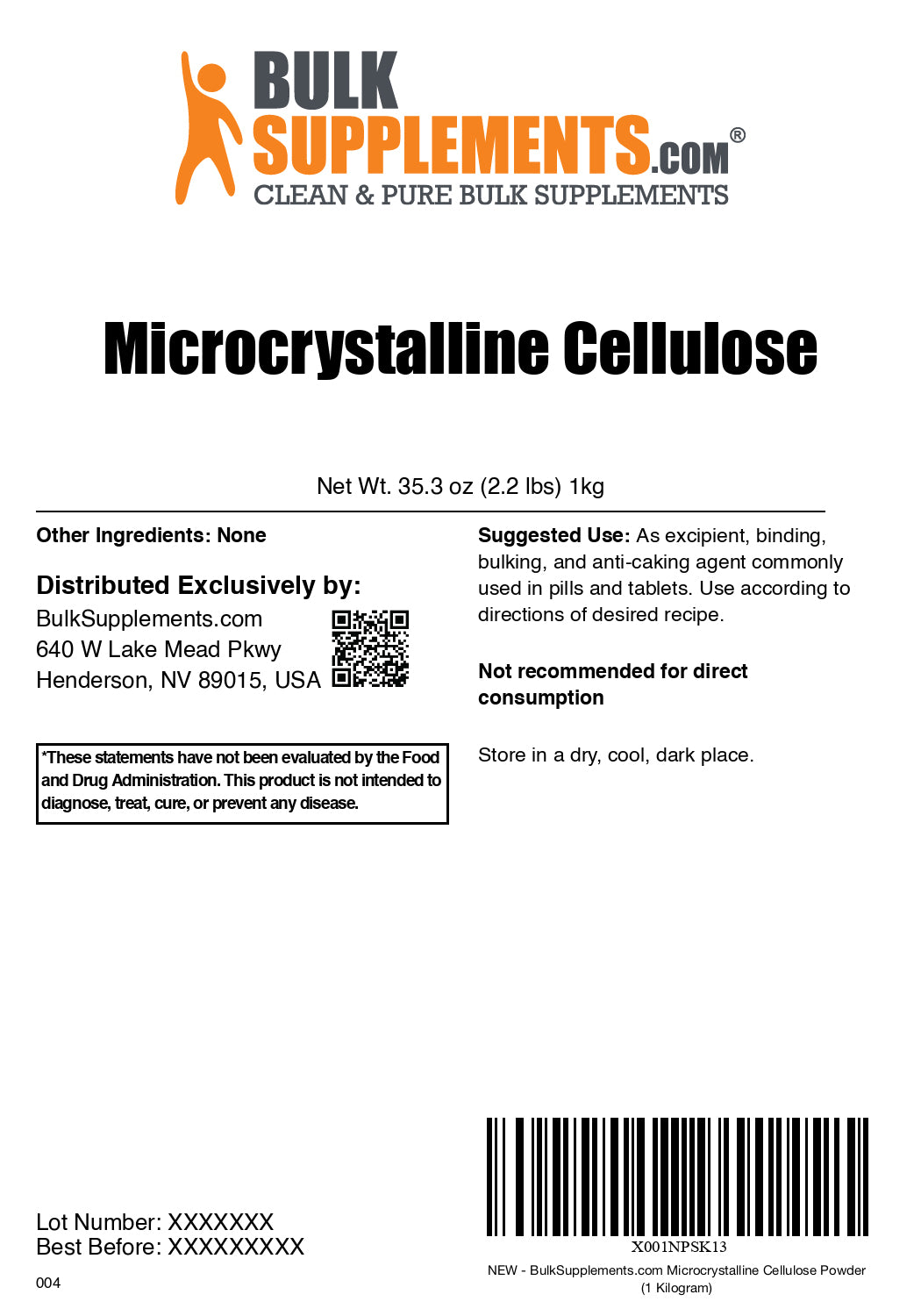 Microcrystalline Cellulose powder label 1kg