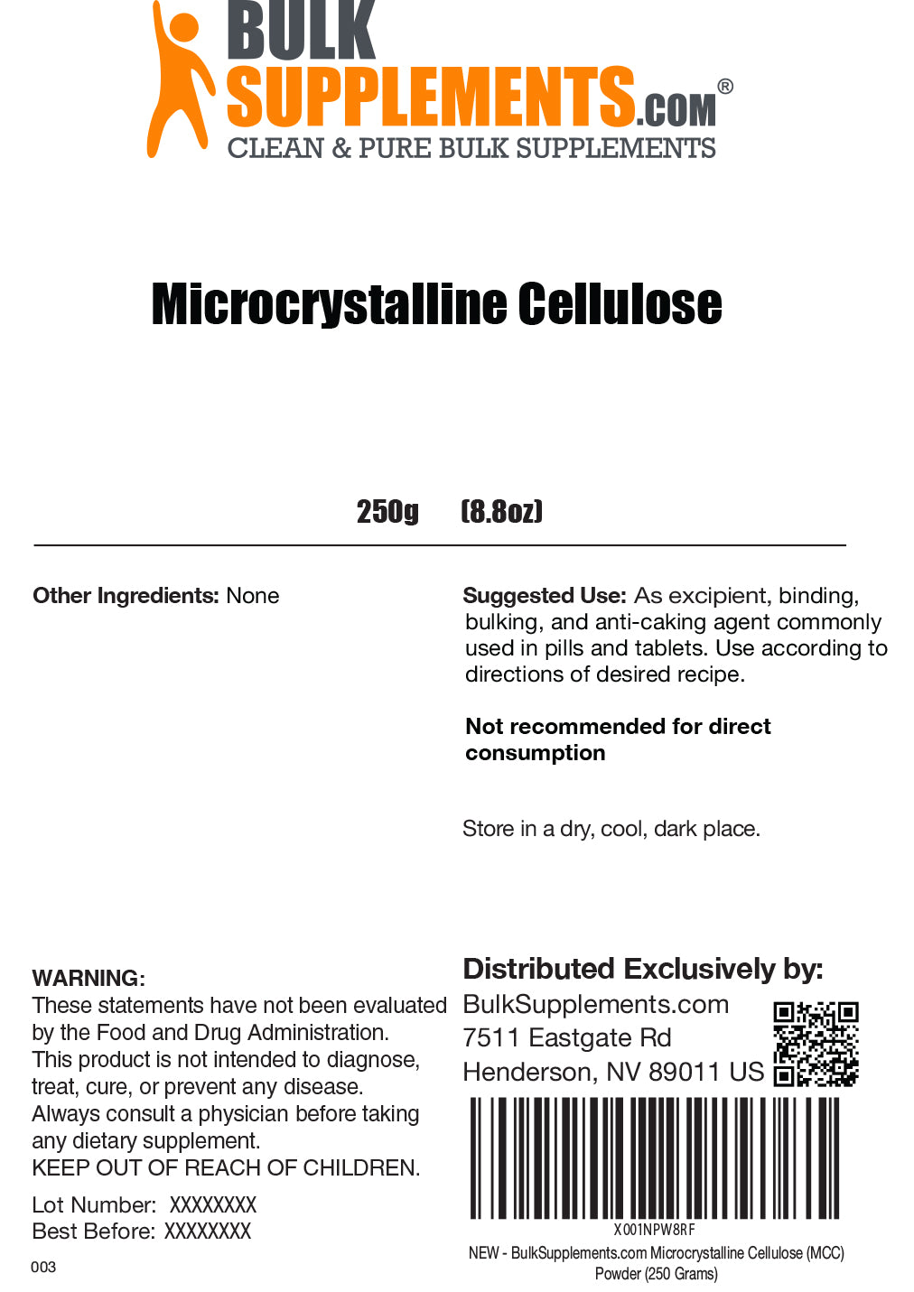 Microcrystalline Cellulose powder label 250g