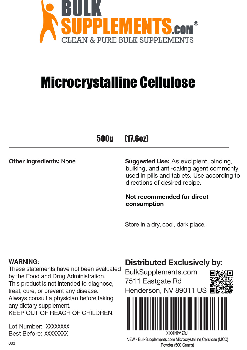 Microcrystalline Cellulose powder label 500g