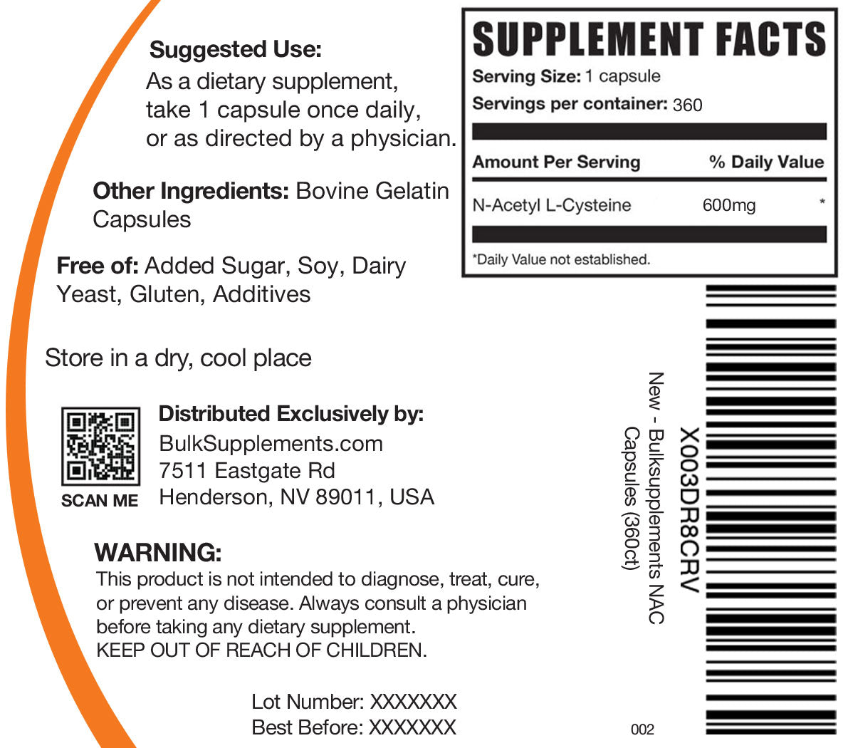 NAC 600 mg capsules 360 ct label