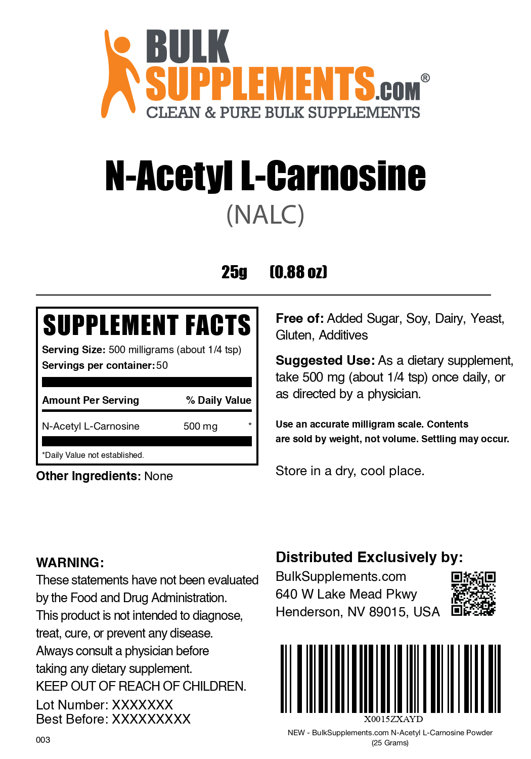 N-Acetyl L-Carnosine (NALC) powder label 25g