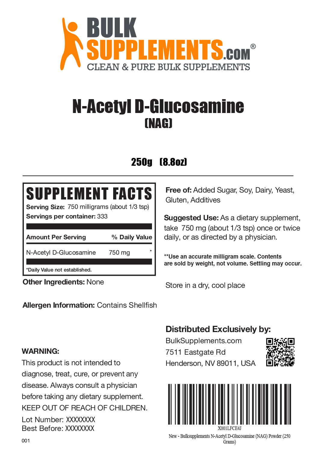 N-Acetyl D-Glucosamine powder label 250g