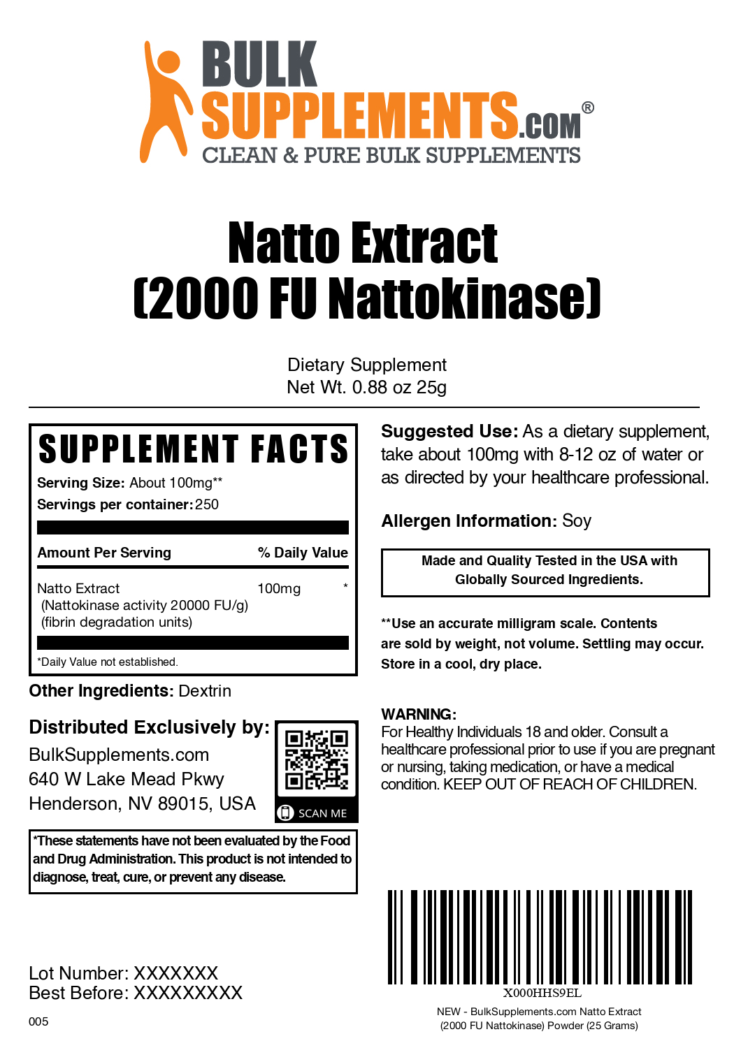 Nattokinase 2000 FU powder label 25g