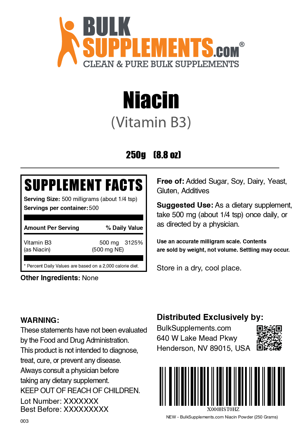 Niacin (Vitamin B3) powder label 250g