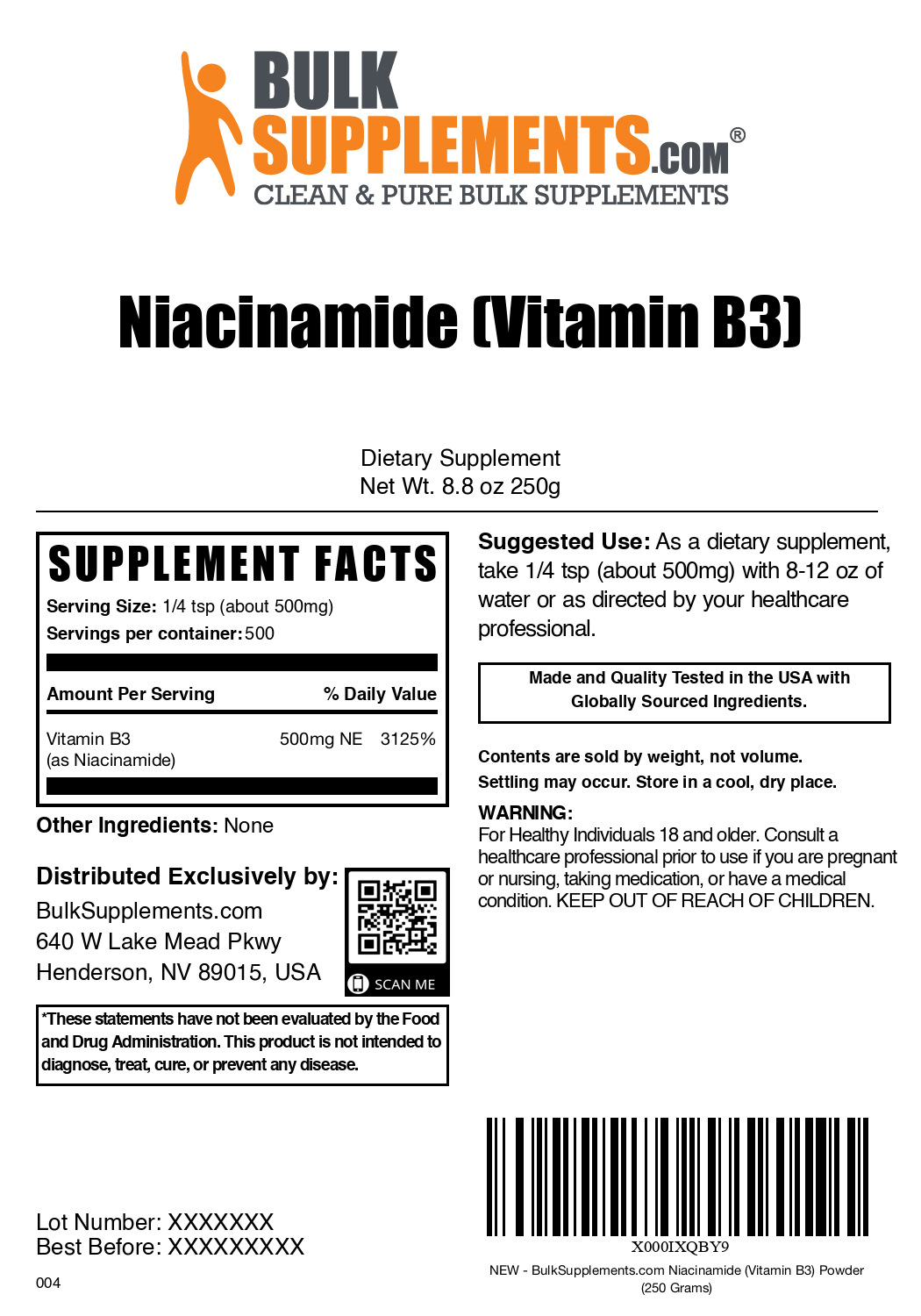 Niacinamide (Vitamin B3) powder label 250g