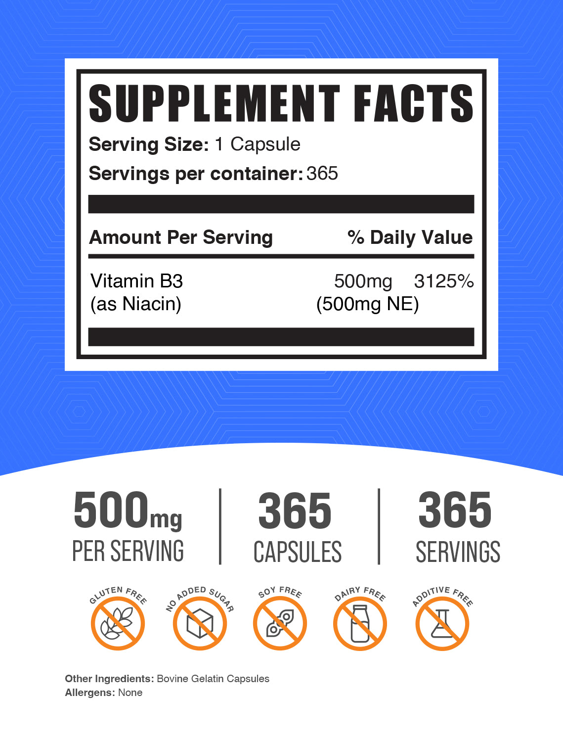 Niacin (Vitamin B3) 365 capsules label