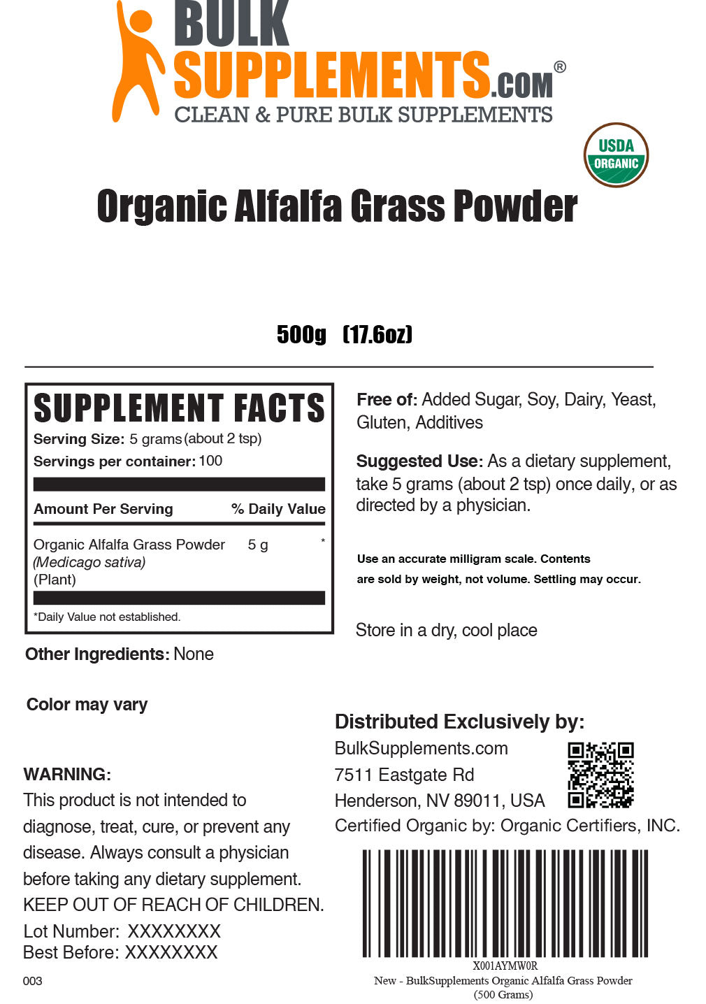 Organic Alfalfa Grass powder label 500g