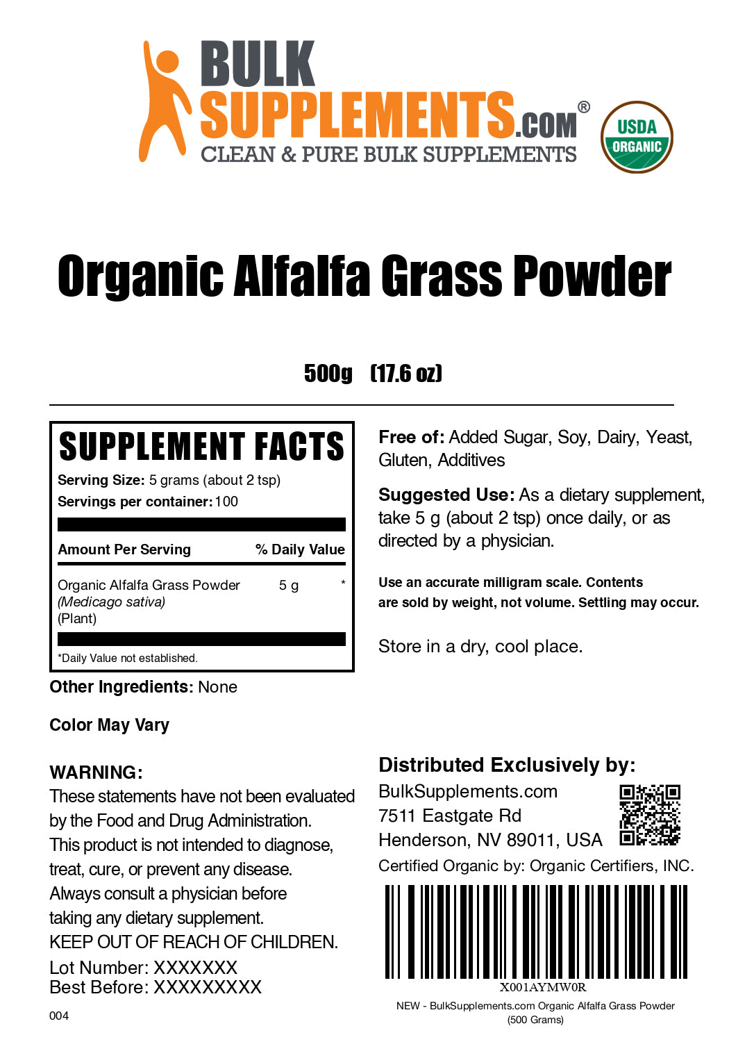 Organic Alfalfa Grass powder label 500g