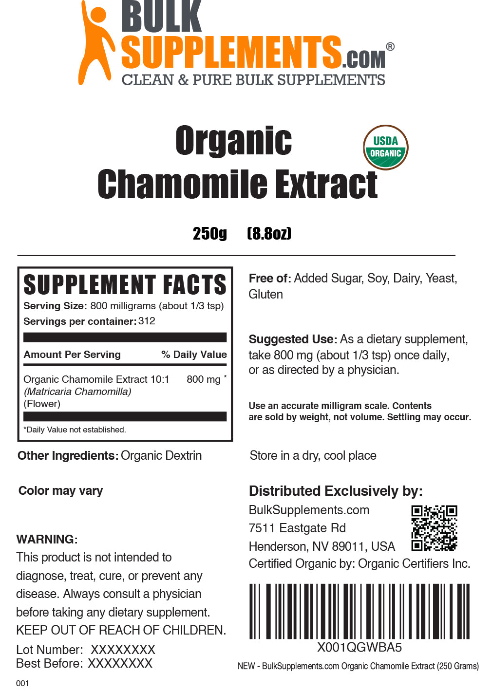 Organic chamomile extract powder label 250g