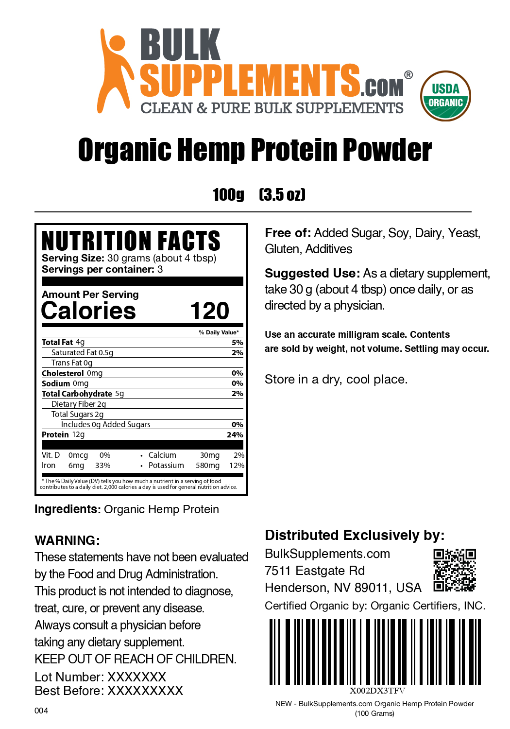 Organic Hemp Seed Protein powder label 100g