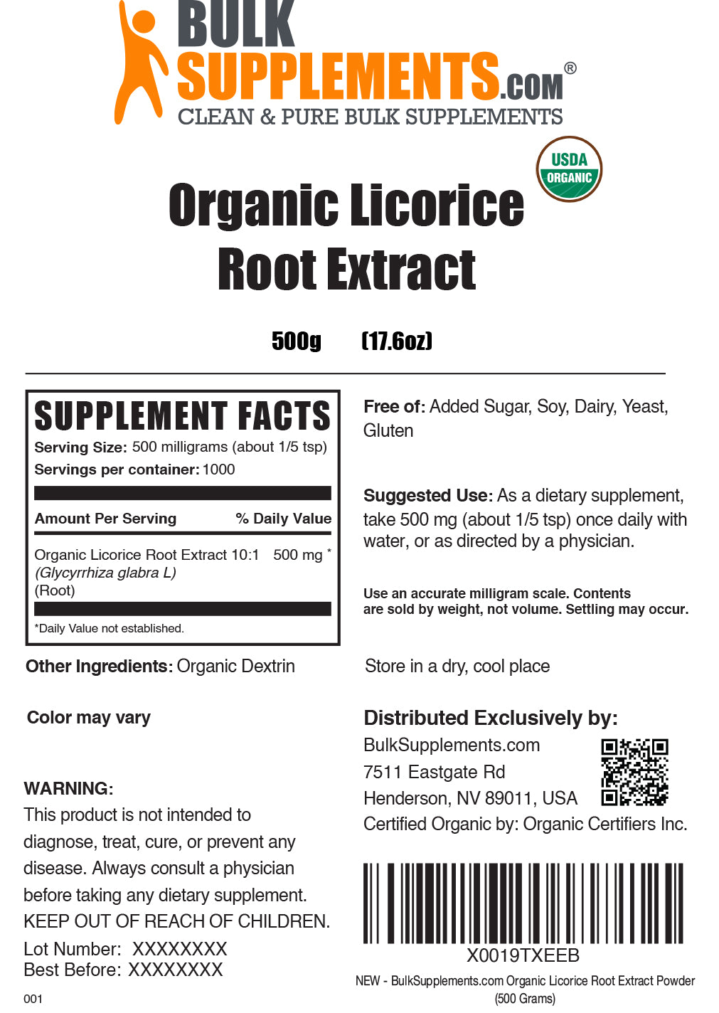 Organic licorice root extract powder label 500g