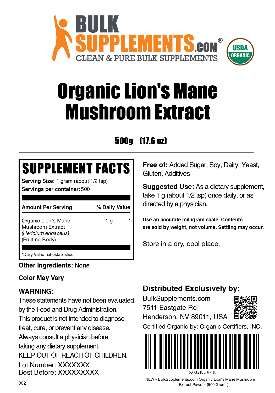 Organic Lion's Mane Mushroom Extract powder label 500g