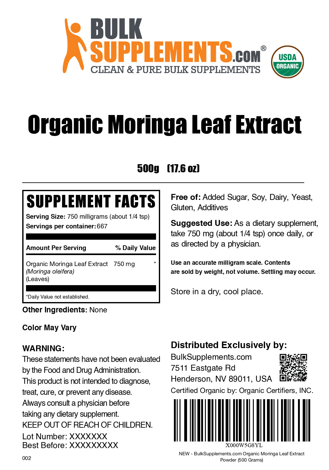 Organic moringa extract powder label 500g