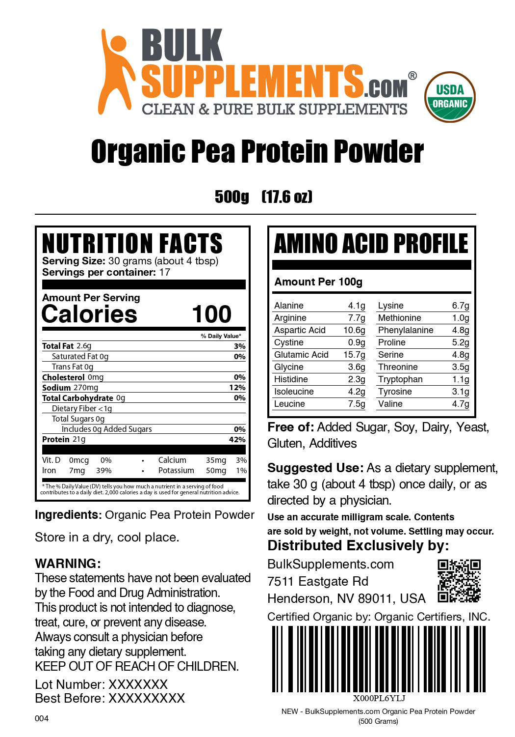 Organic pea protein powder label 500g