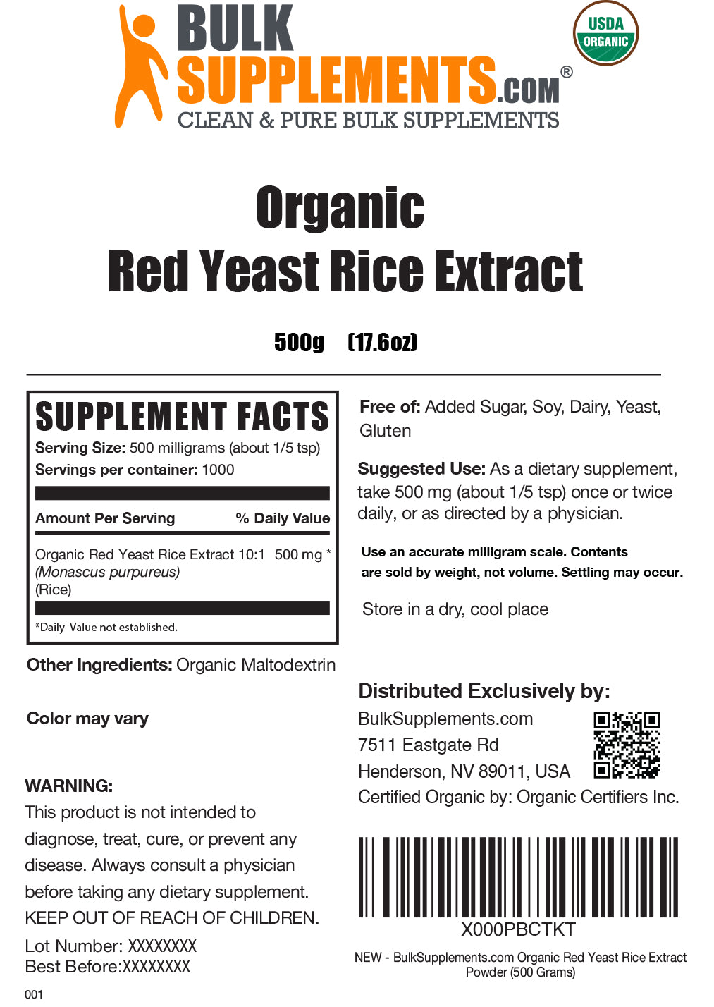 Organic red yeast rice extract powder label 500g