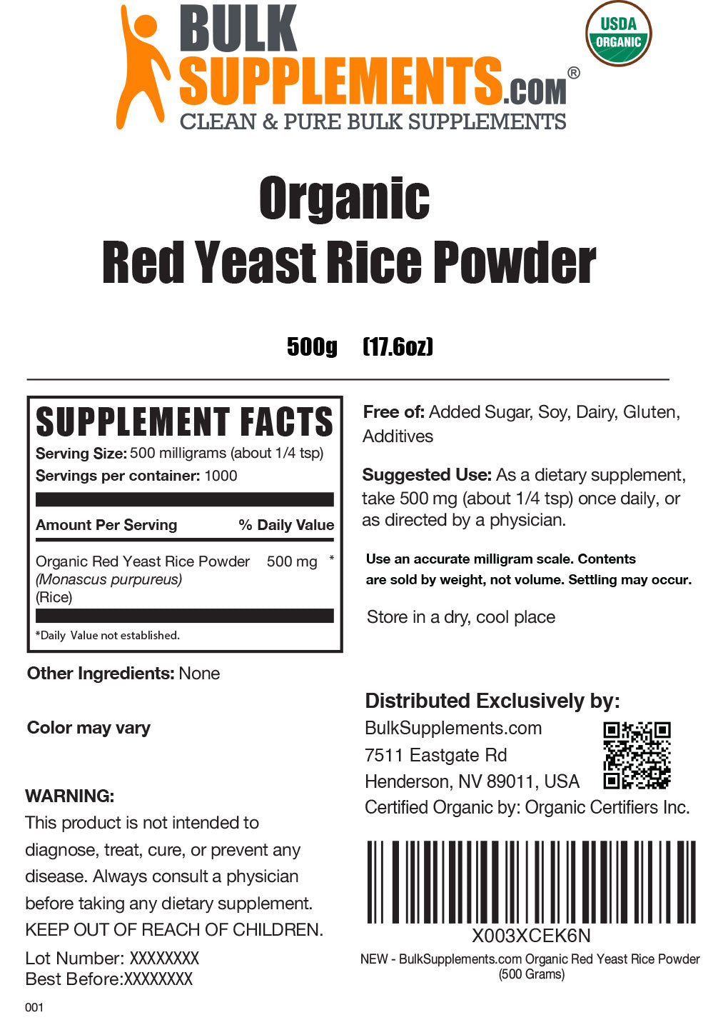 Organic Red Yeast Rice powder label 500g