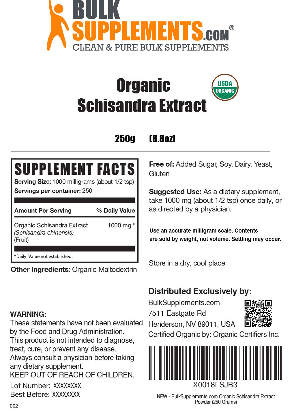 Organic Schisandra Extract powder label 250g