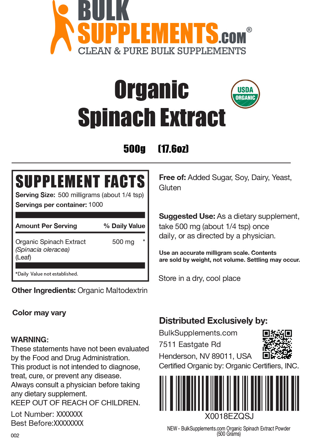 Organic spinach extract powder label 500g