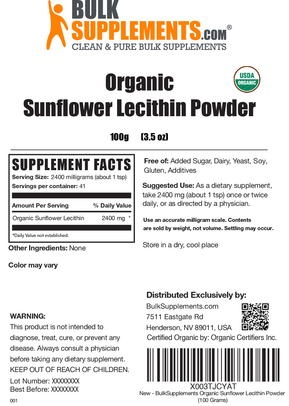 Organic sunflower lecithin powder label 100g