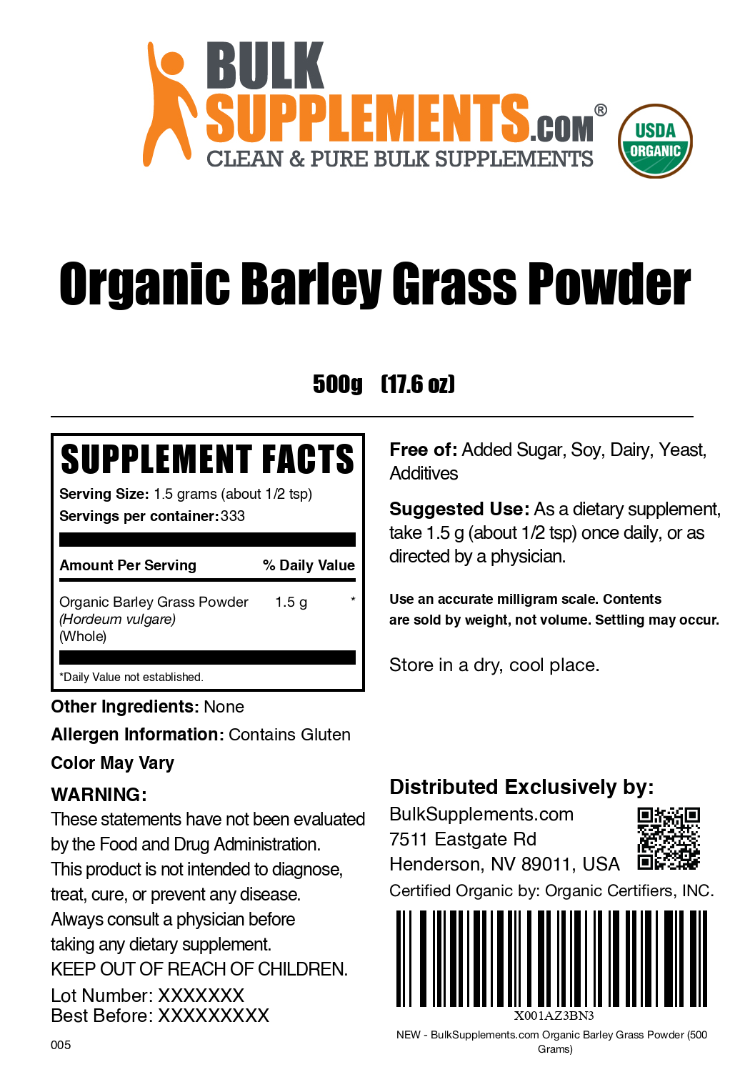 Organic Barley Grass powder label 500g