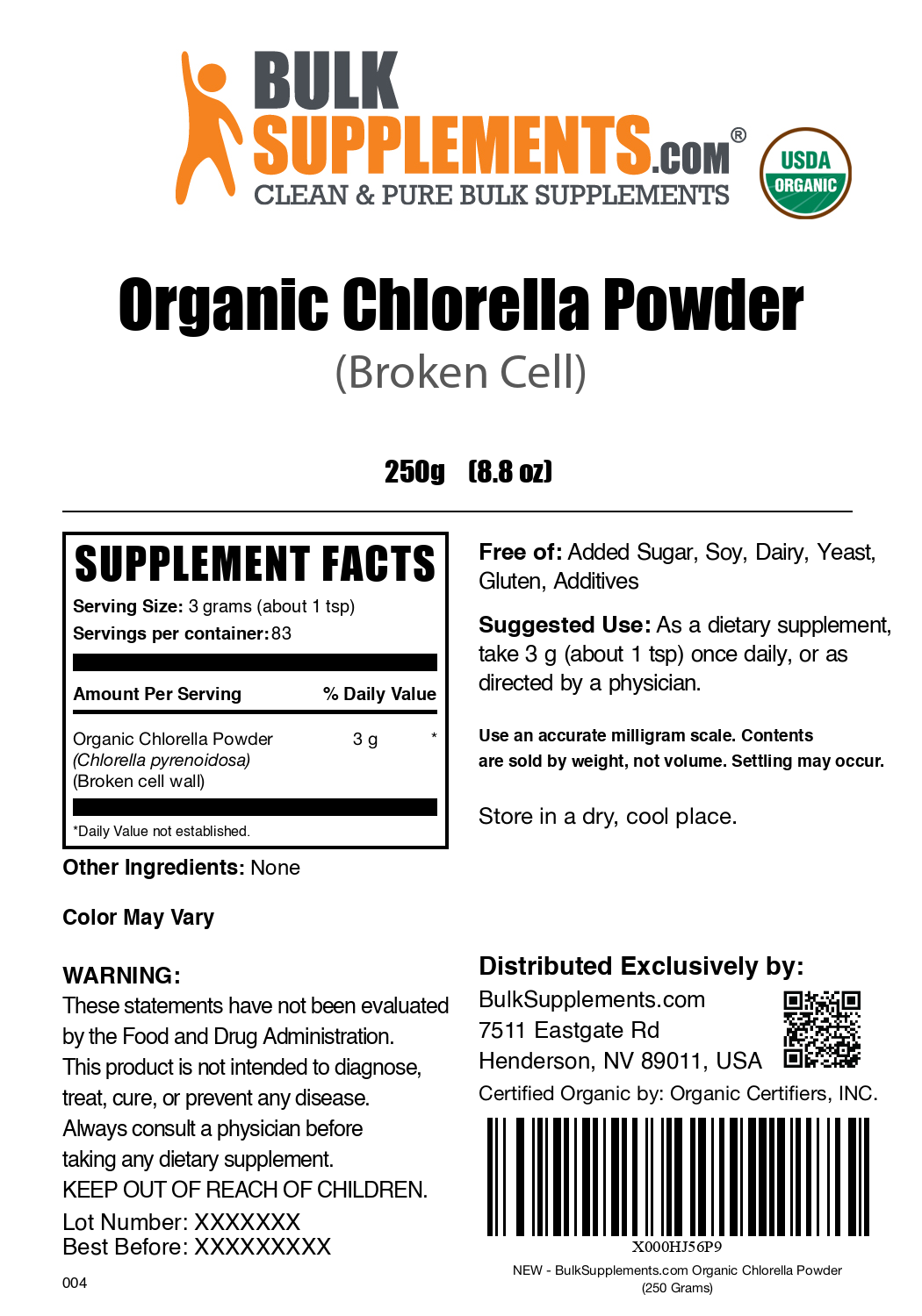 Organic chlorella powder label 250g