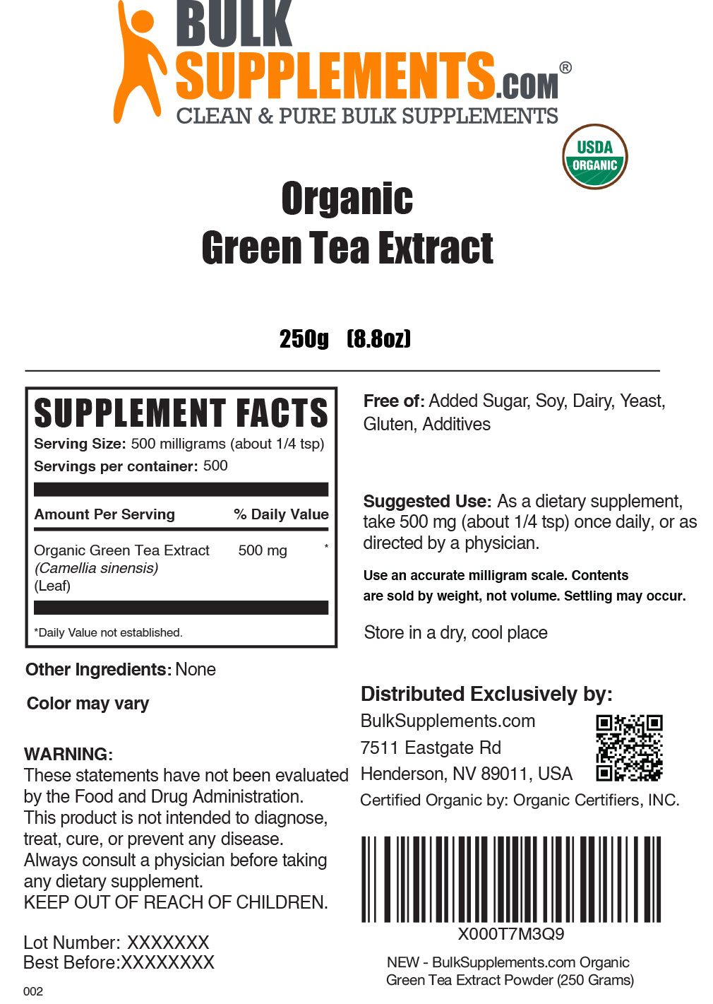 Organic green tea extract powder label 250g