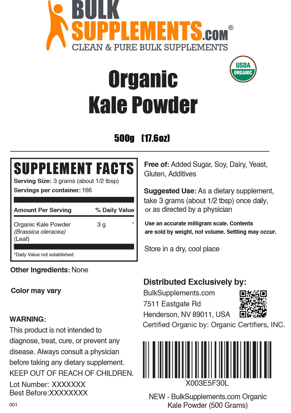 Organic kale powder label 500g