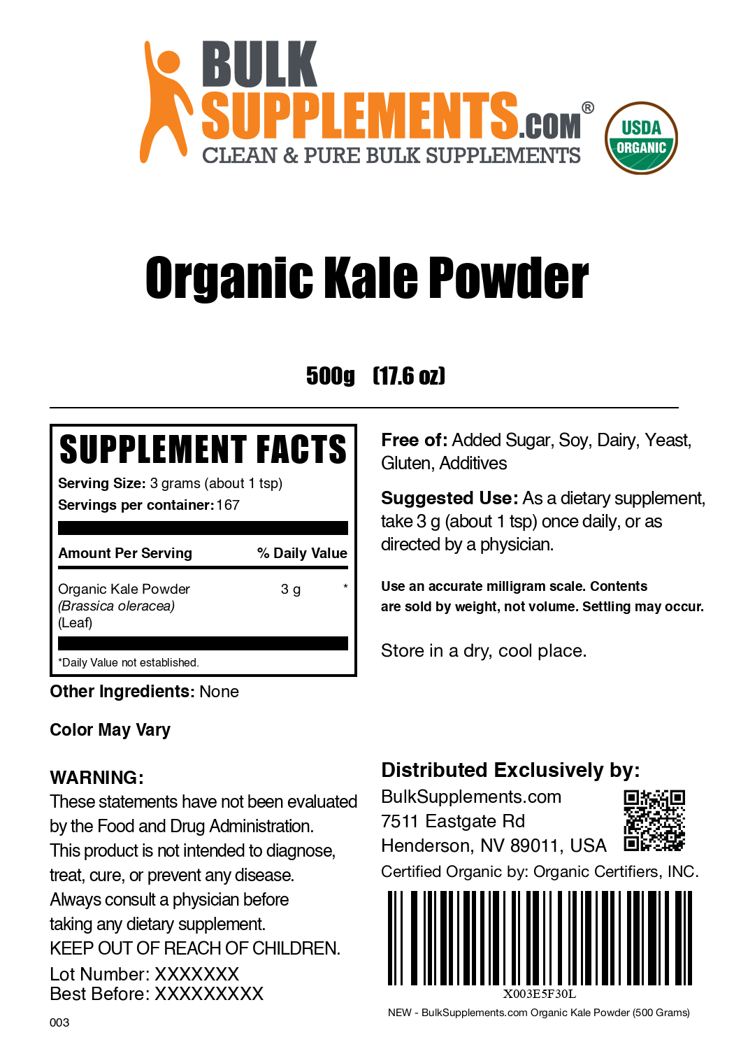 Organic kale powder label 500g