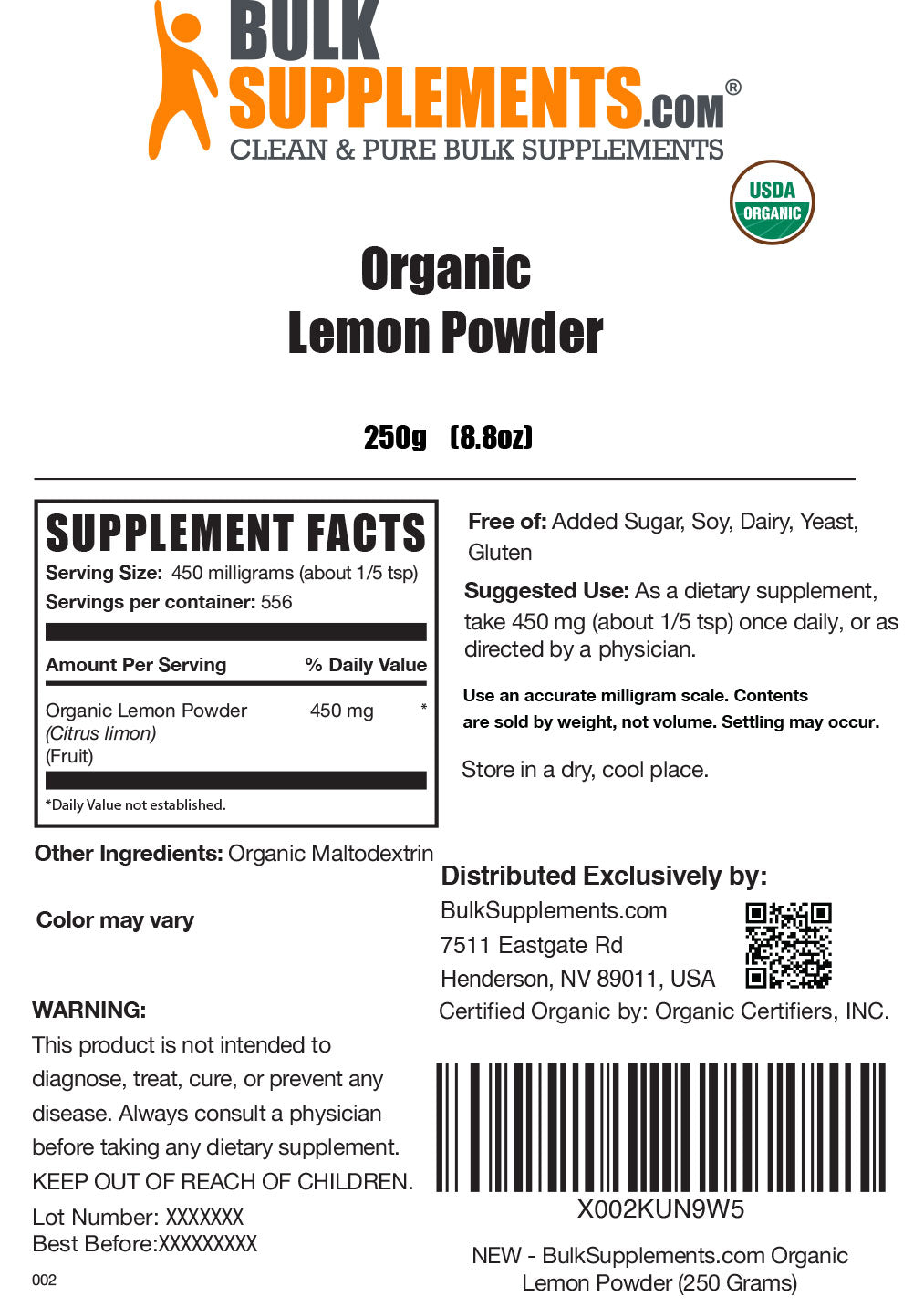 Organic lemon powder label 250g