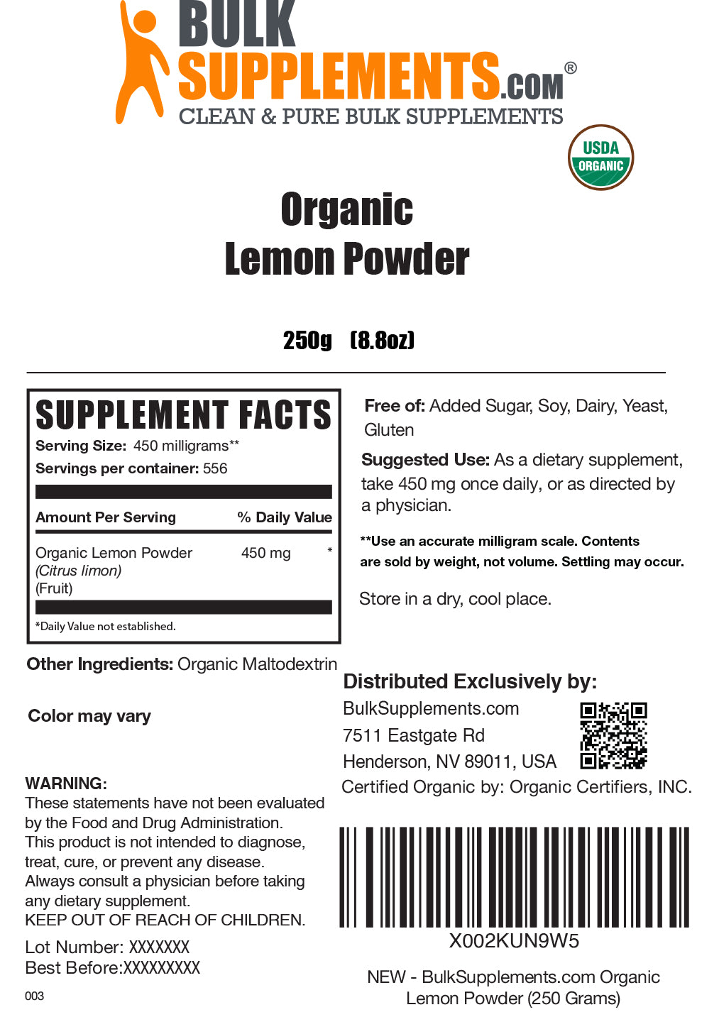 Organic lemon powder label 250g