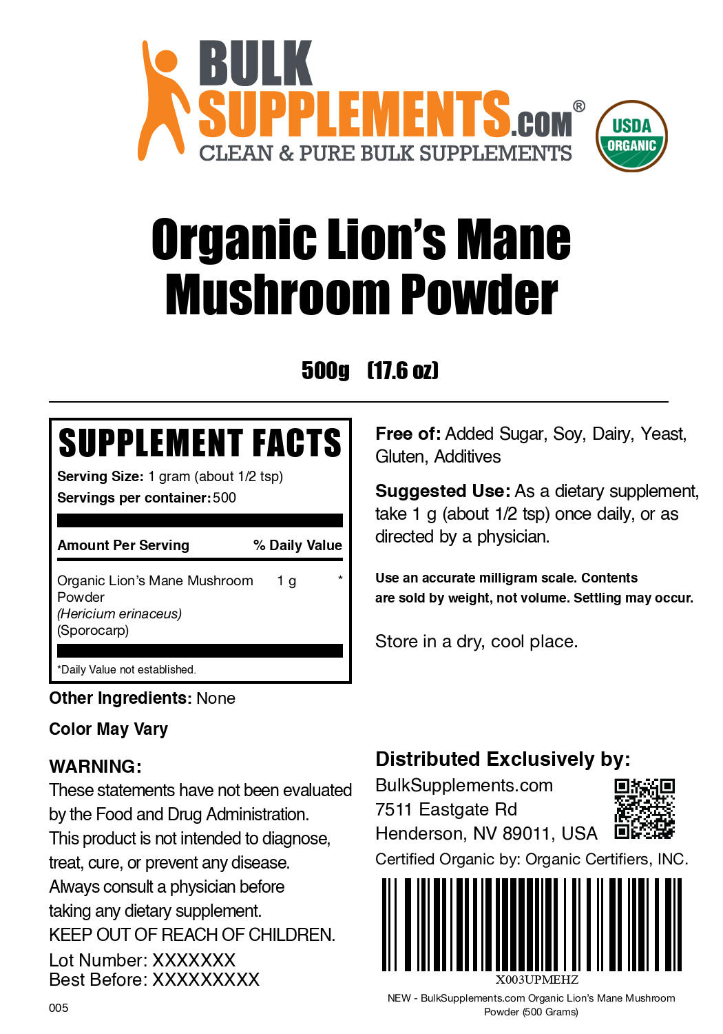 Organic Lion's Mane powder label 500g