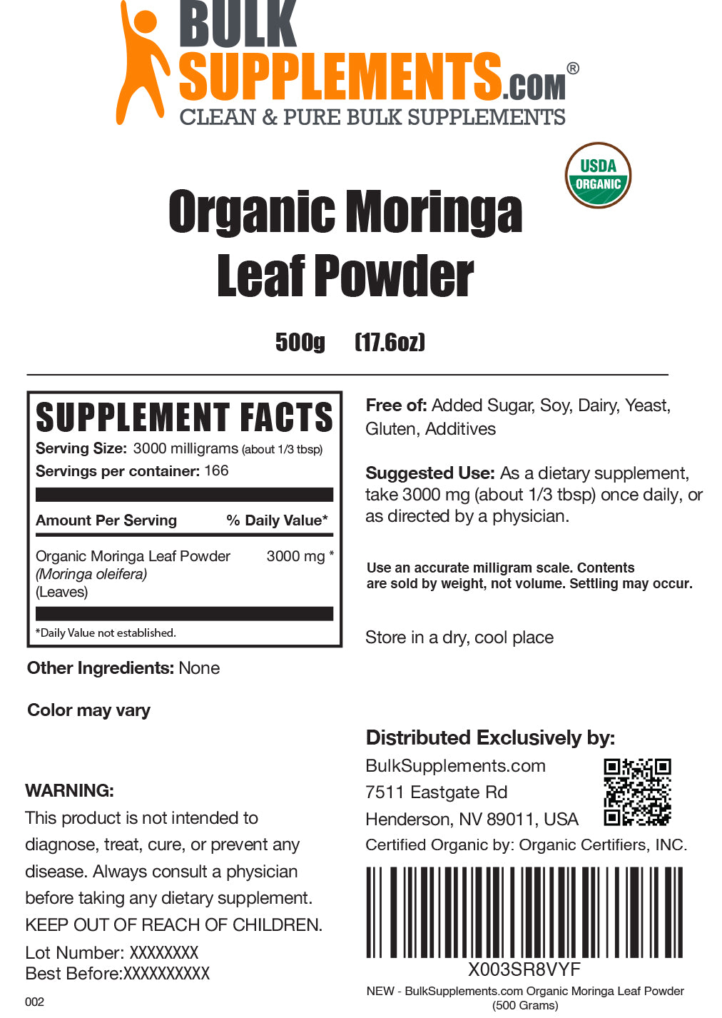 Organic Moringa Leaf powder label 500g