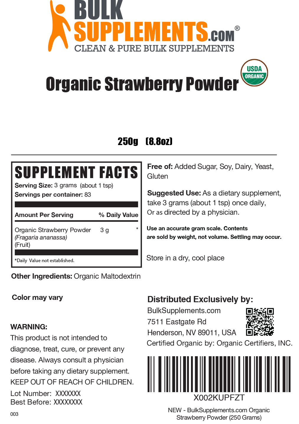 Organic strawberry powder label 250g