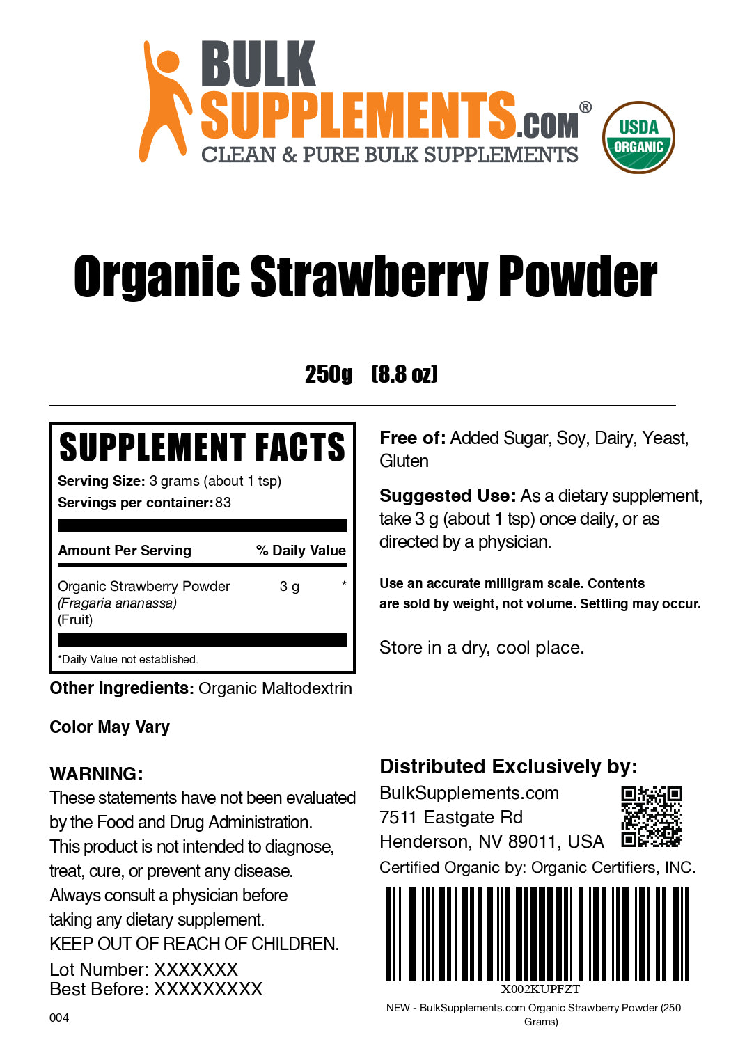 Organic strawberry powder label 250g