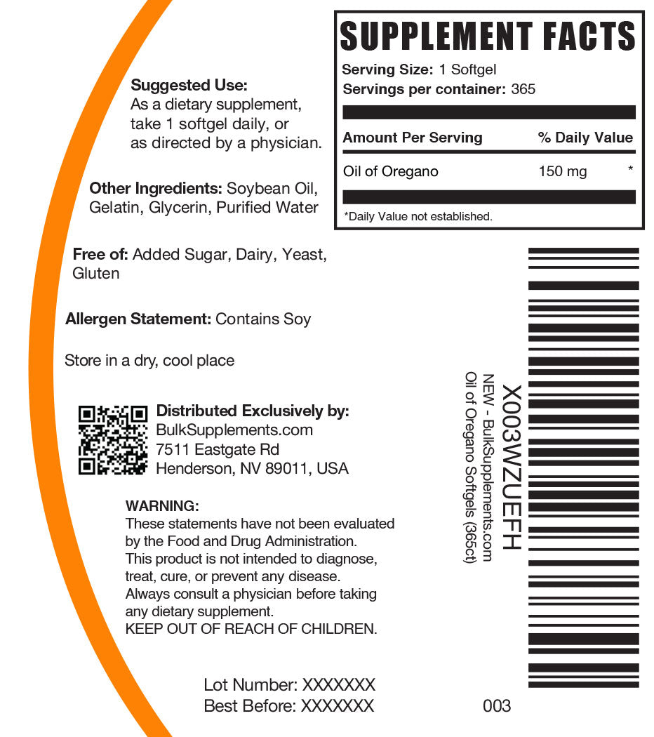 Oil of Oregano softgels label 365 ct