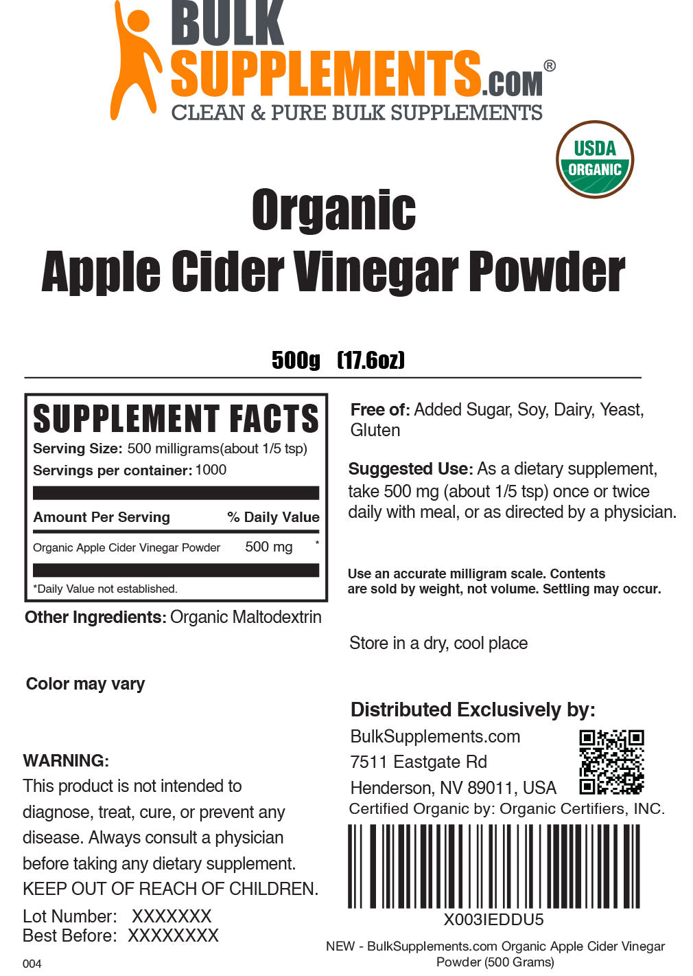 Organic apple cider vinegar powder label 500g