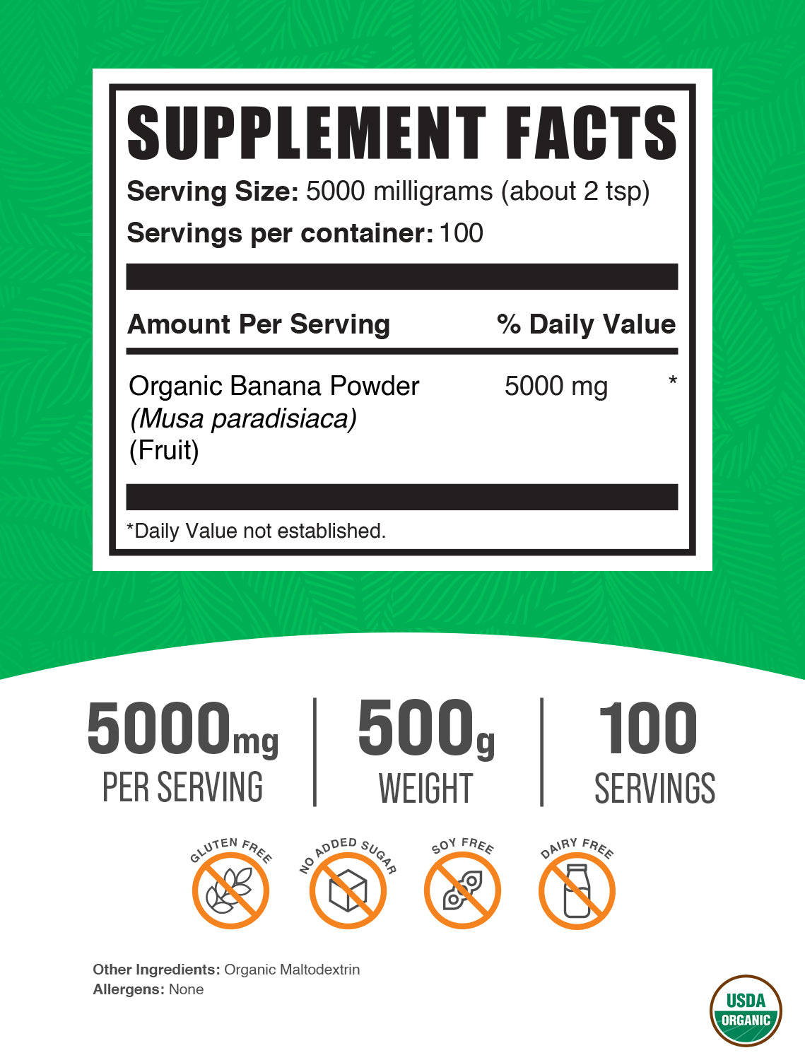 Organic banana powder label 500g