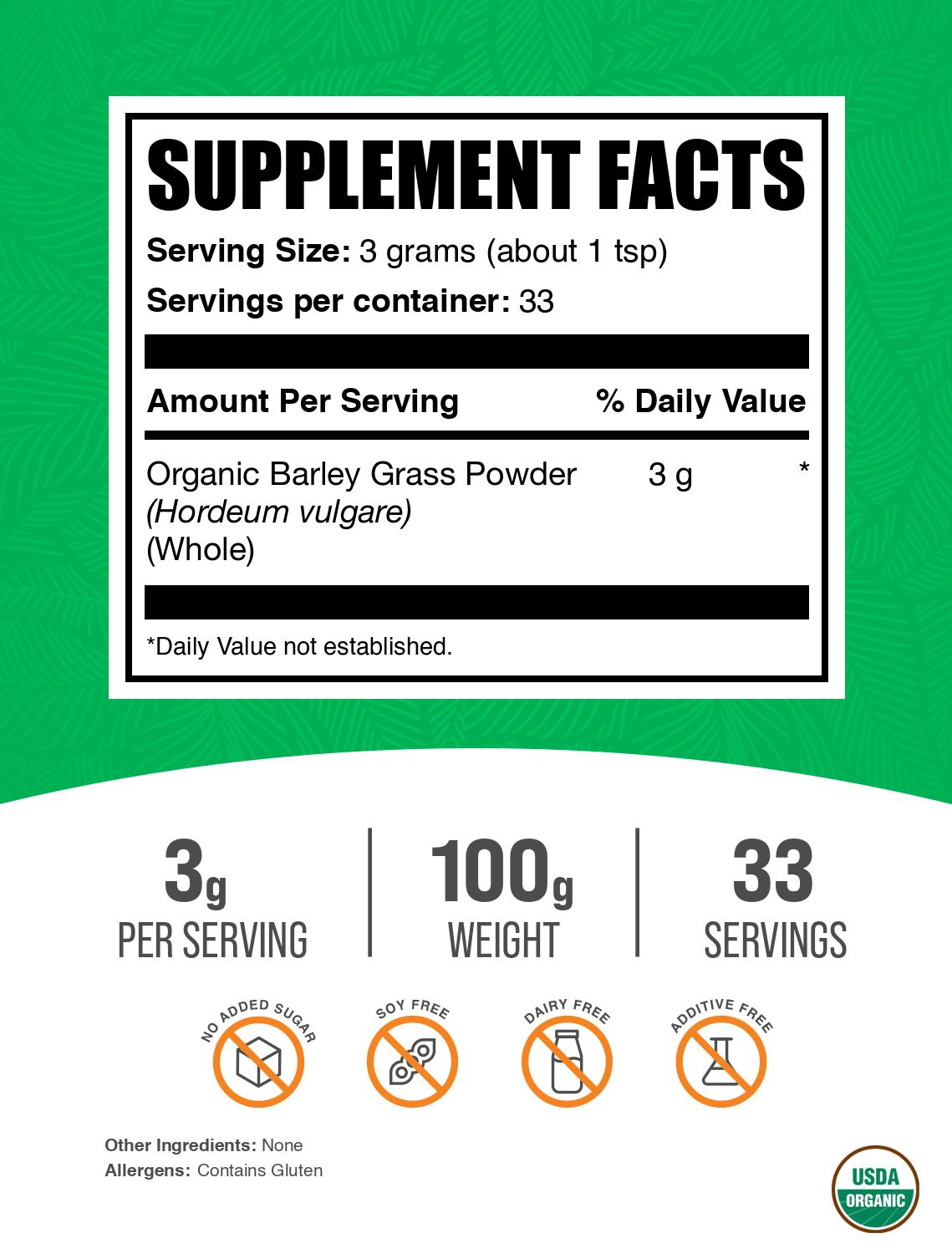 Organic barley grass powder label 100g