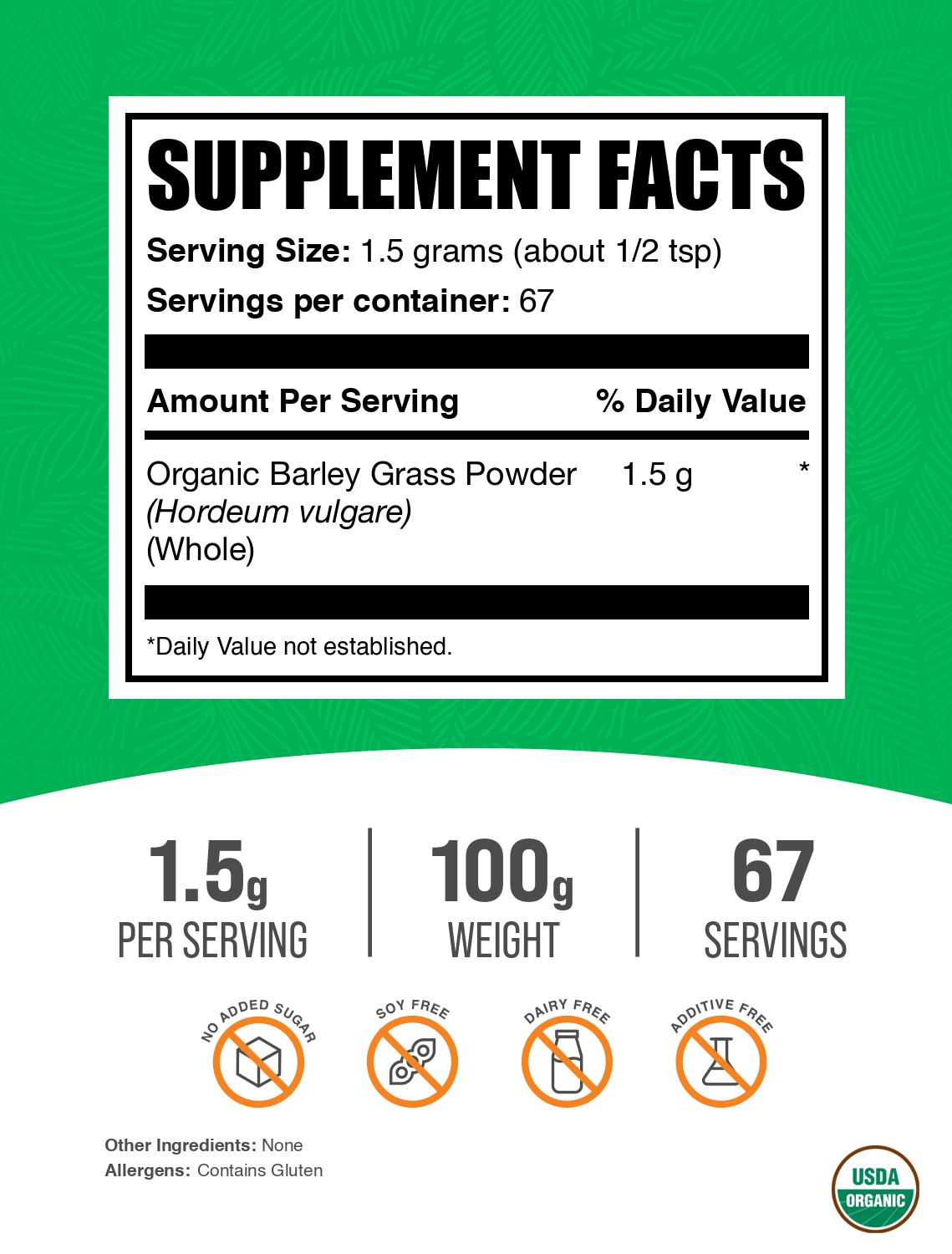 Organic Barley Grass powder label 100g