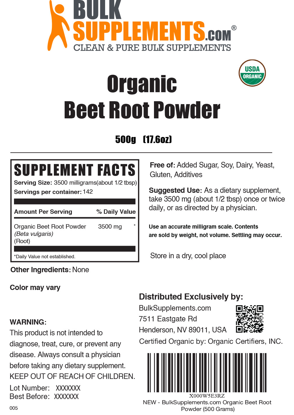 Organic beet root powder label 500g