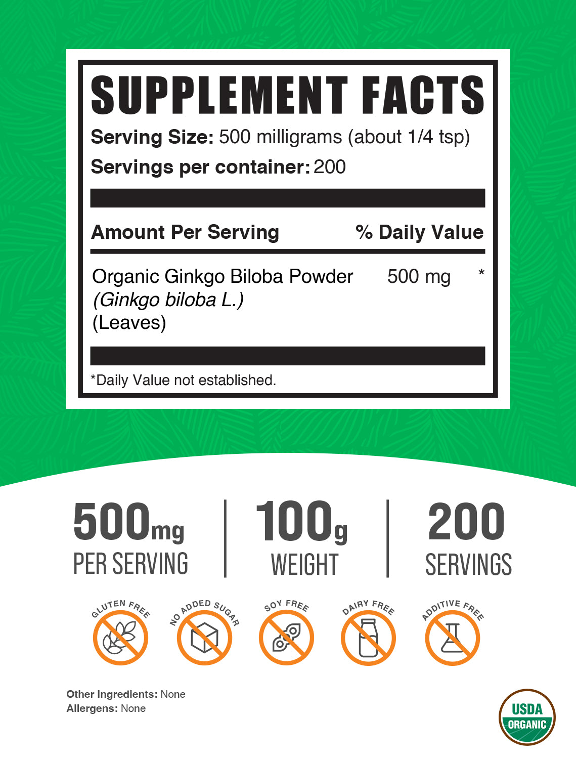 Organic ginkgo biloba powder label 100g