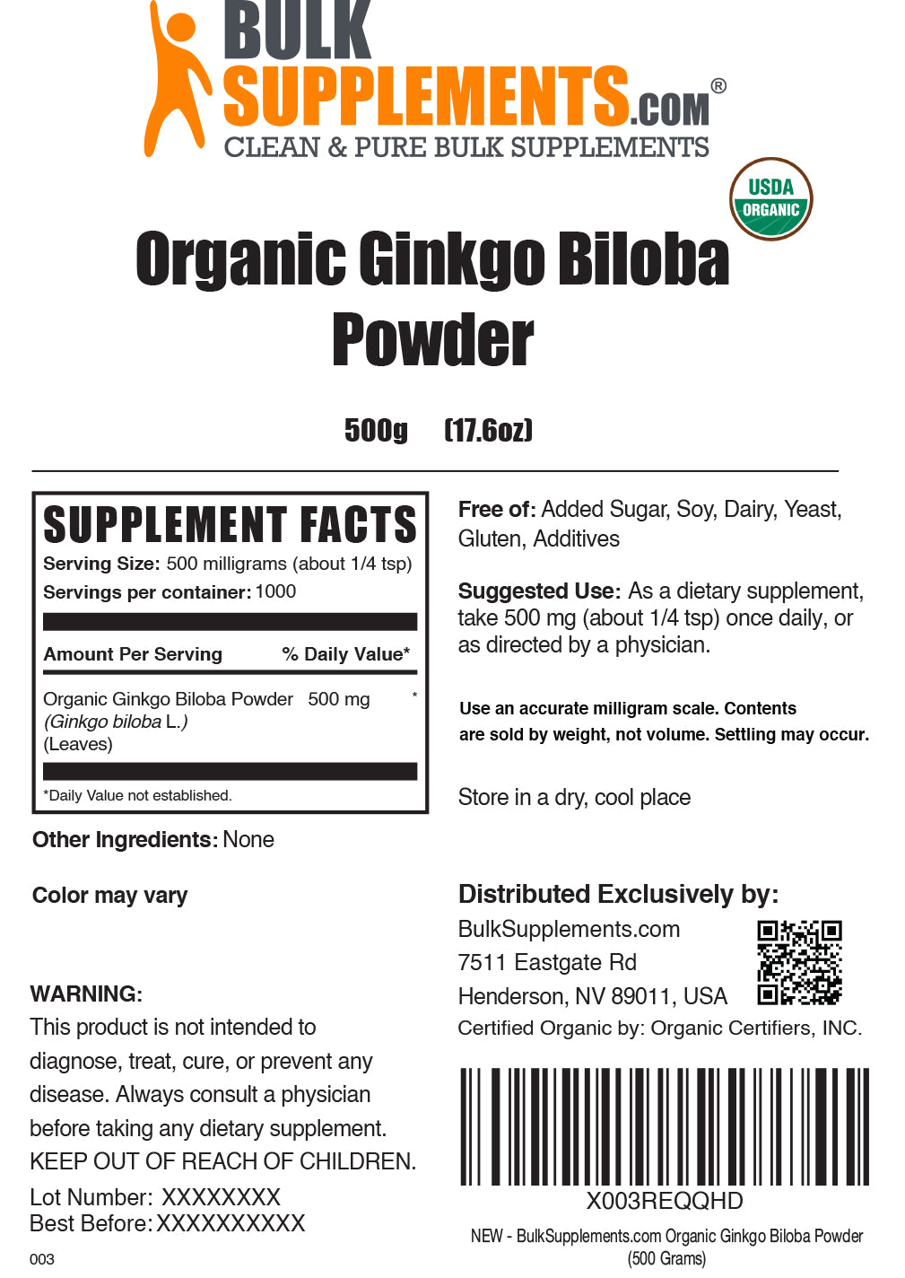 Organic ginkgo biloba powder label 500g