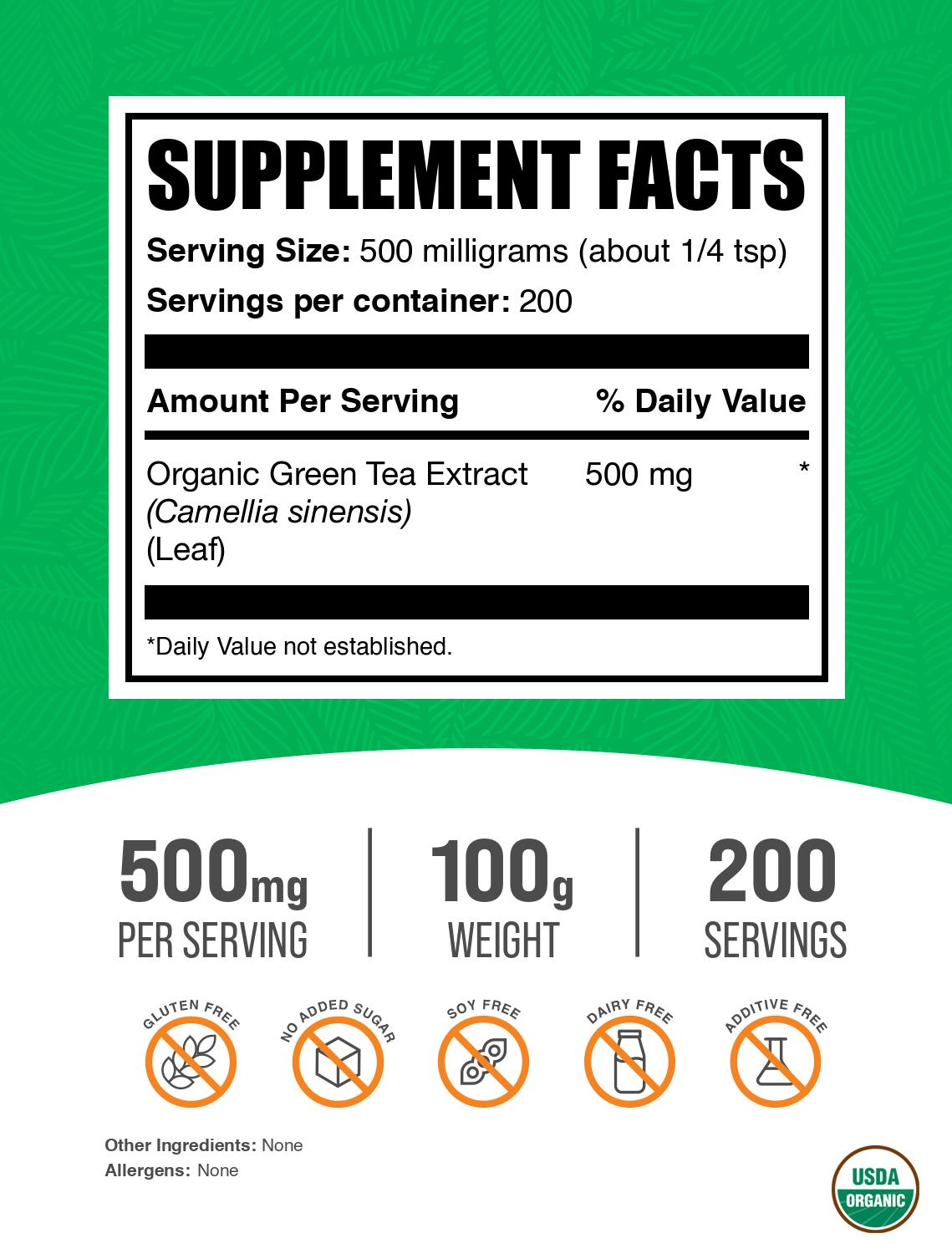 Organic green tea extract powder label 100g